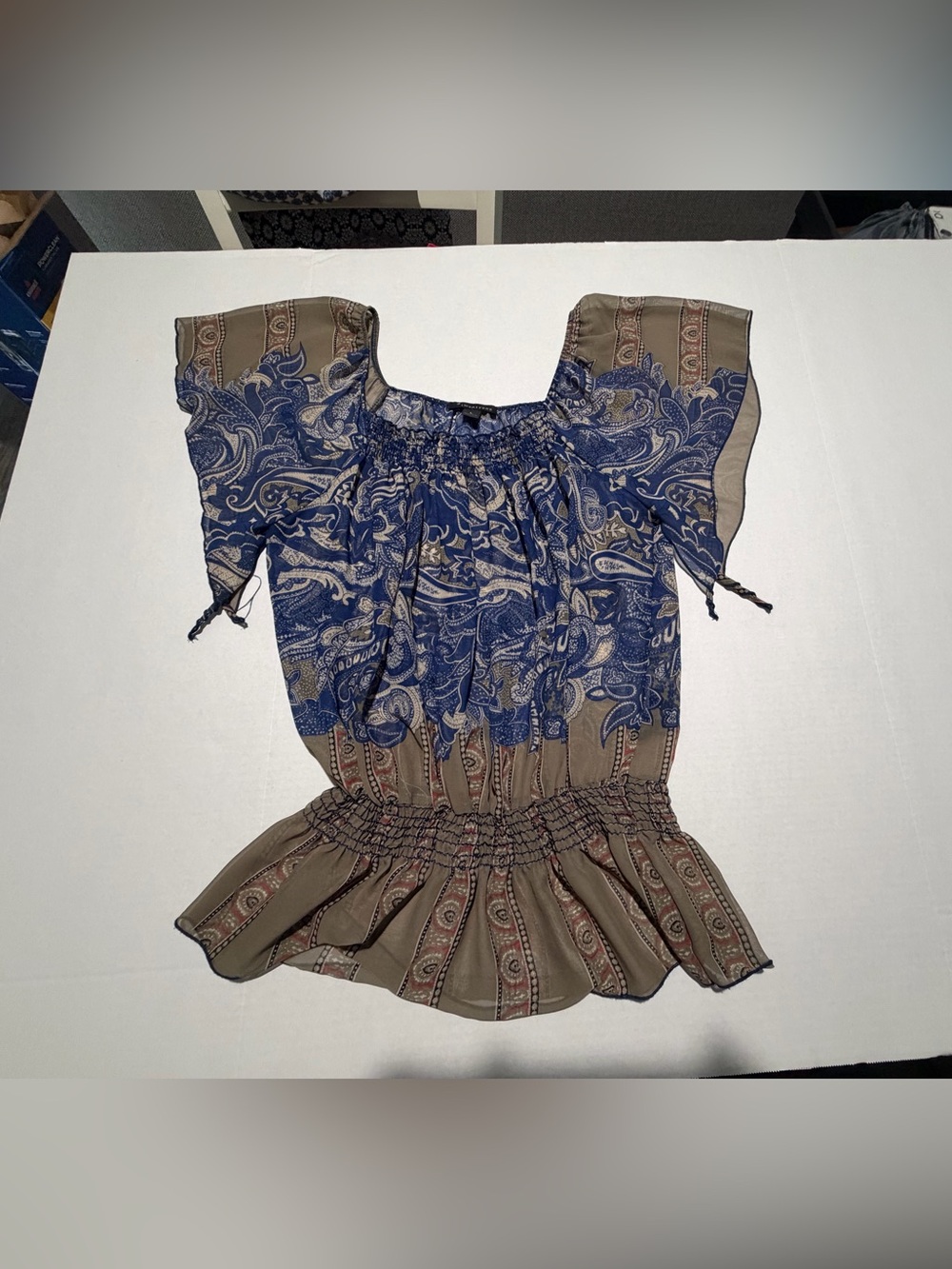 Twentyone Navy and Tan Paisley Off-Shoulder Peplum Blouse